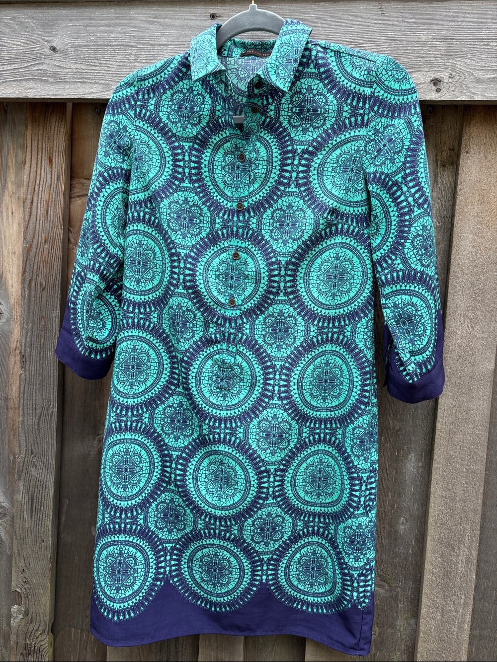 Shirt Dress Button Up 3/4 Sleeve Turquoise & Navy Medallion - XS
